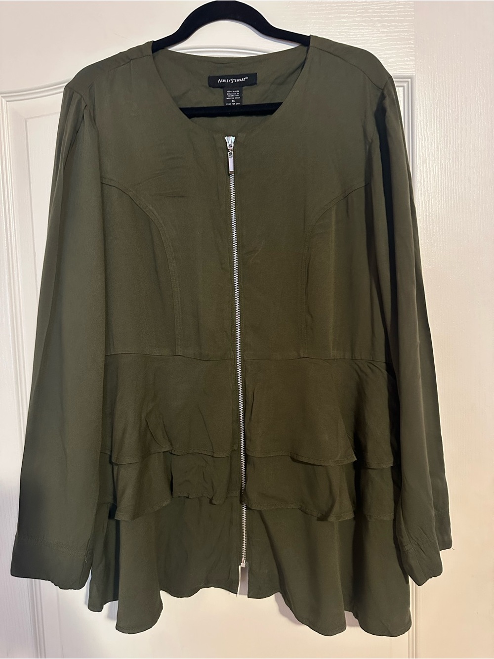 Ashley Stewart Olive Green Ruffle Peplum Zip Up Jacket Plus Size 14